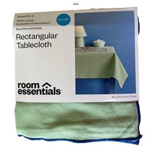 Room Essentials Rectangular Tablecloth Light Green Blue Trim Cotton 60 X 84 New